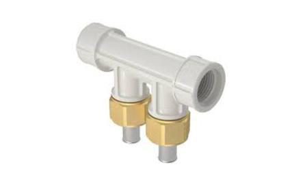 DISTRIBUIDOR, PLASTICO, 2 SAIDAS, DN 32 X 25 MM, PARA CONEXAO COM CRIMPAGEM, EM TUBO PEX PARA INST. AGUA QUENTE/FRIA