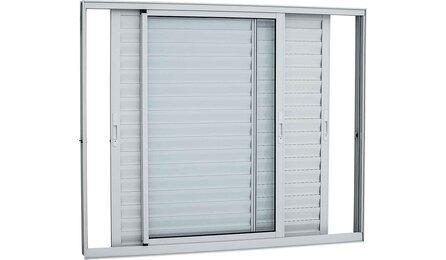 JANELA VENEZIANA DE CORRER, EM ALUMINIO PERFIL 25, 100 X 120 CM (A X L), 3 FLS (2 VENEZIANAS E 1 VIDRO), SEM BANDEIRA, ACABAMENTO BRANCO OU BRILHANTE, BATENTE DE 8 A 9 CM, COM VIDRO 4 MM, SEM GUARNICAO/ALIZAR