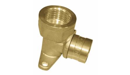 Foto do insumo SINAPI 38919 — JOELHO/COTOVELO 90 GRAUS, ROSCA FEMEA, COM BASE FIXA, METALICO, PARA CONEXAO COM