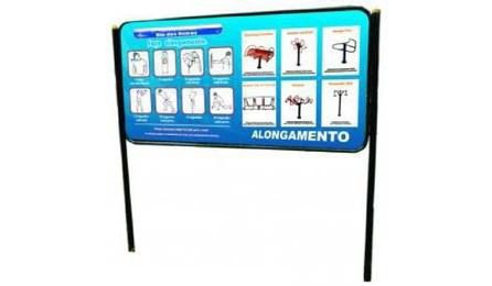 PLACA ORIENTATIVA SOBRE EXERCICIOS, 2,00 M X 1,00 M (CHAPA GALVANIZADA #20), ESTRUTURA EM TUBOS REDONDOS DE ACO CARBONO, PINTURA NO PROCESSO ELETROSTATICO, ADESIVO FRENTE E VERSO - PARA ACADEMIA AO AR LIVRE / ACADEMIA DA TERCEIRA IDADE - ATI