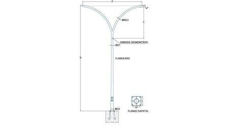 POSTE CONICO CONTINUO EM ACO GALVANIZADO, CURVO, BRACO DUPLO, FLANGEADO, H = 9 M, DIAMETRO INFERIOR = *135* MM