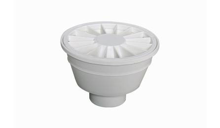 Foto do insumo SINAPI 11743 — RALO SIFONADO REDONDO CONICO, PVC, 100 X 40 MM, COM GRELHA REDONDA BRANCA