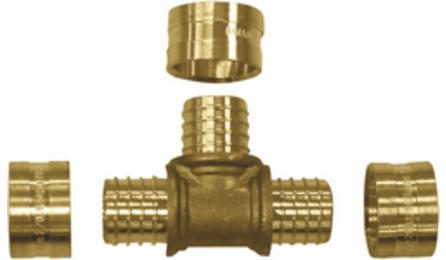 Foto do insumo SINAPI 38874 — TE METALICO, PARA CONEXAO COM ANEL DESLIZANTE, DN 20 MM, EM TUBO PEX PARA INST. 