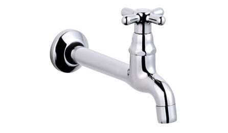 Foto do insumo SINAPI 13983 — TORNEIRA METALICA CROMADA, RETA, DE PAREDE, PARA COZINHA, COM AREJADOR, PADRAO P